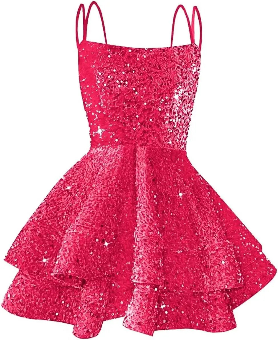 Hübsches, funkelndes Pailletten-Heimkehrkleid für Teenager, kurzes, gestuftes Ballkleid mit quadratischem Ausschnitt und A-Linie, Cocktail-Club-Partykleid 
