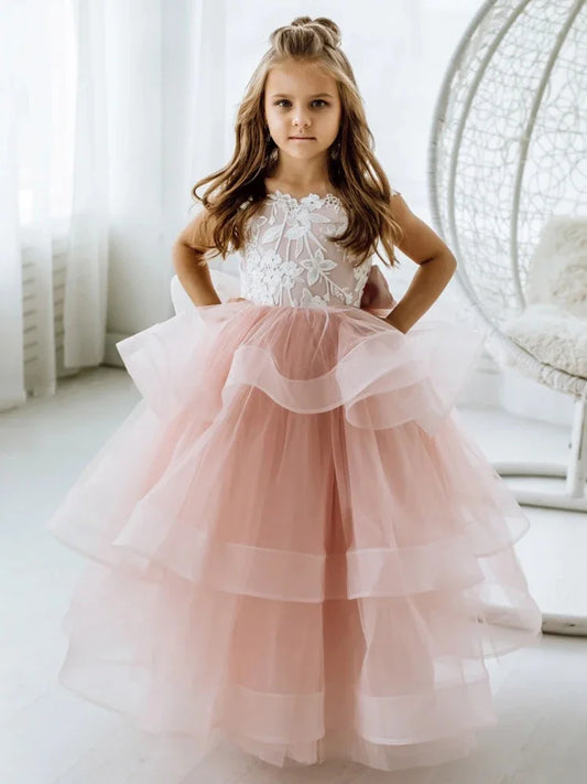 Vestido de princesa para banquete de cumpleaños, vestidos para niñas de flores, tul rosa polvoriento, apliques blancos escalonados con lazo, sin mangas para boda 