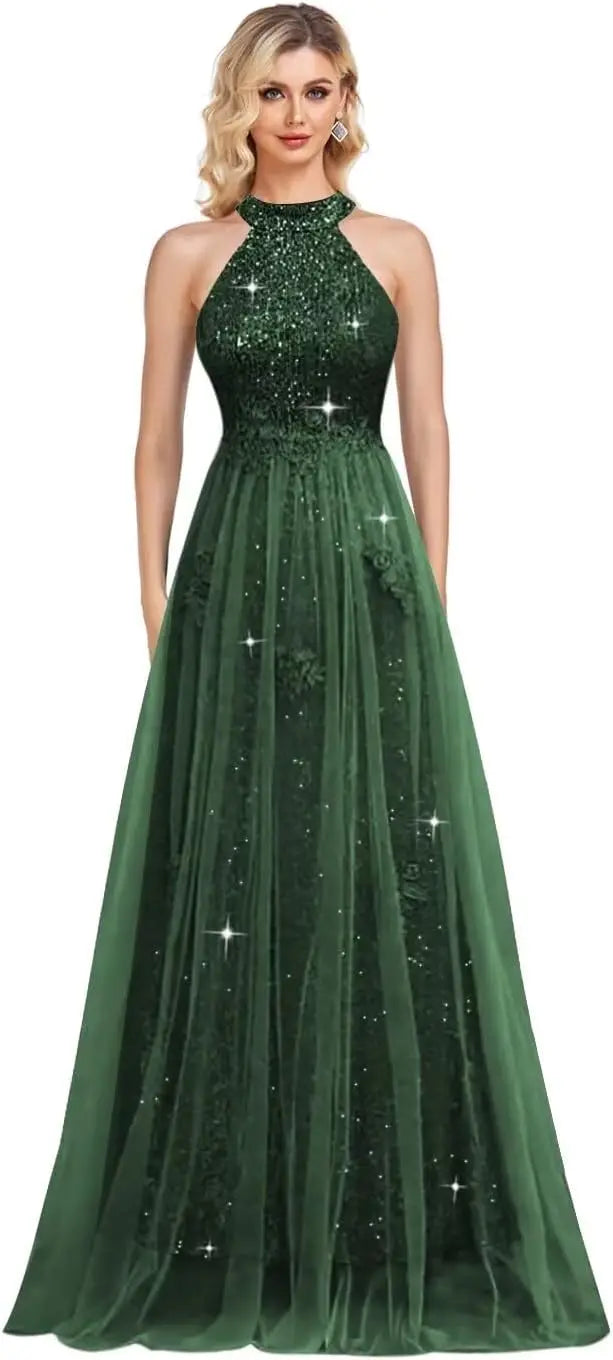 Vestidos de fiesta de lentejuelas con cuello halter y flores, hechos a medida, 2025, de tul brillante, corte A, para boda, fiesta formal de noche 