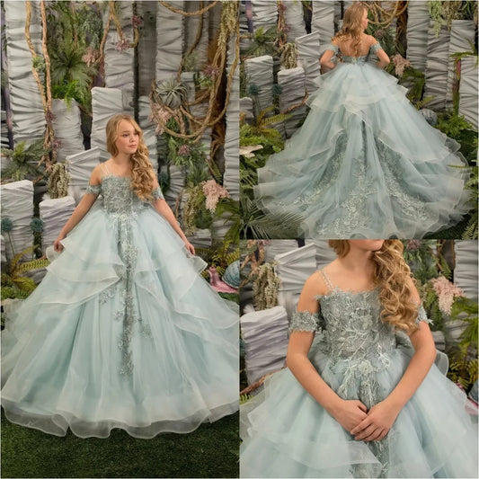 Vestido de primera comunión con volantes de encaje ligeramente desinflado para niña, vestido de fiesta de cumpleaños para niña, precioso vestido de niña de las flores para boda. 