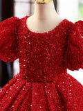 Communion Party Gowns Shining Red Flower Girl Dresses for Wedding Sequins short Sleeve Floor Length Princess Kids Birthday Party