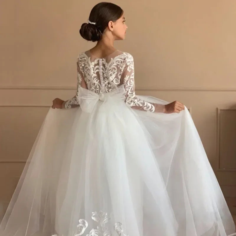 With Bow Long Sleeve For Wedding Birthday Party Banquet Holy Communion Gown Flower Girl Dresses White Tulle Flory Appliques