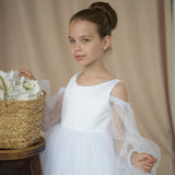 White Tulle Appliques With Bow Pearls Long Sleeve For Wedding Birthday Party Holy Communion Gowns Flower Girl Dresses