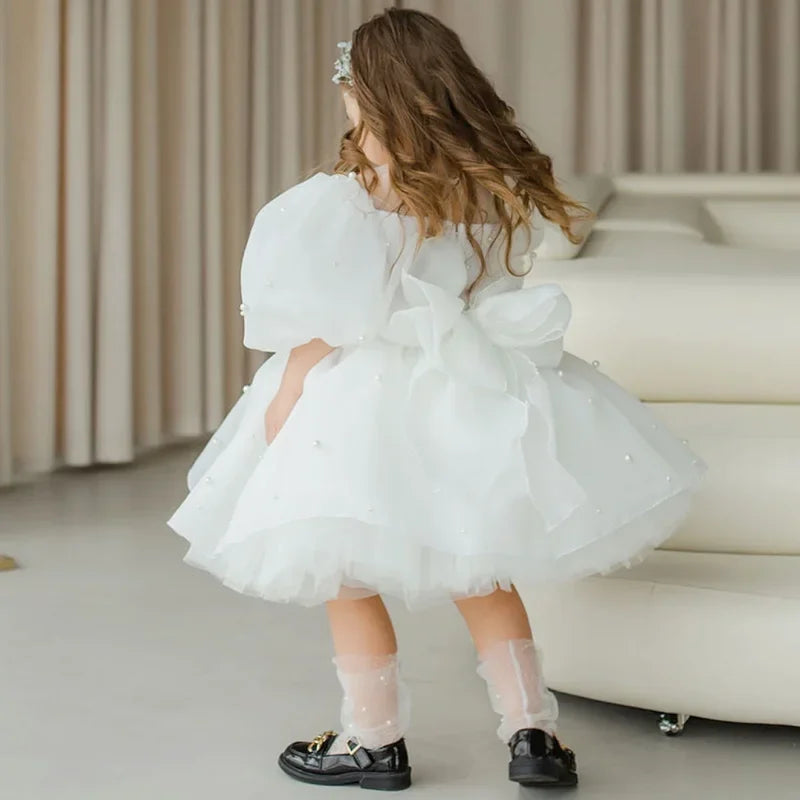 White Tulle Puffy Appliques Pearls With Bow Short Sleeve For Wedding Birthday Party Holy Communion Gowns Flower Girl Dresses
