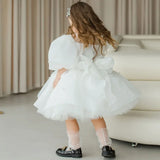 White Tulle Puffy Appliques Pearls With Bow Short Sleeve For Wedding Birthday Party Holy Communion Gowns Flower Girl Dresses