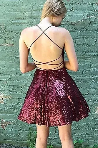 Vestidos de fiesta formales con cuello halter y lentejuelas para mujer, cortos, sin espalda, con lentejuelas azules, para cóctel 