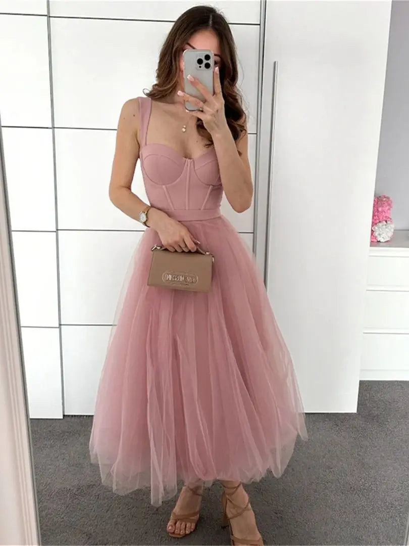 Tulle Tea-Length Prom Dresses High Quality Sweetheart Spaghetti Straps Party & Vacation Wear Elegant Plain A-line Evening Gowns