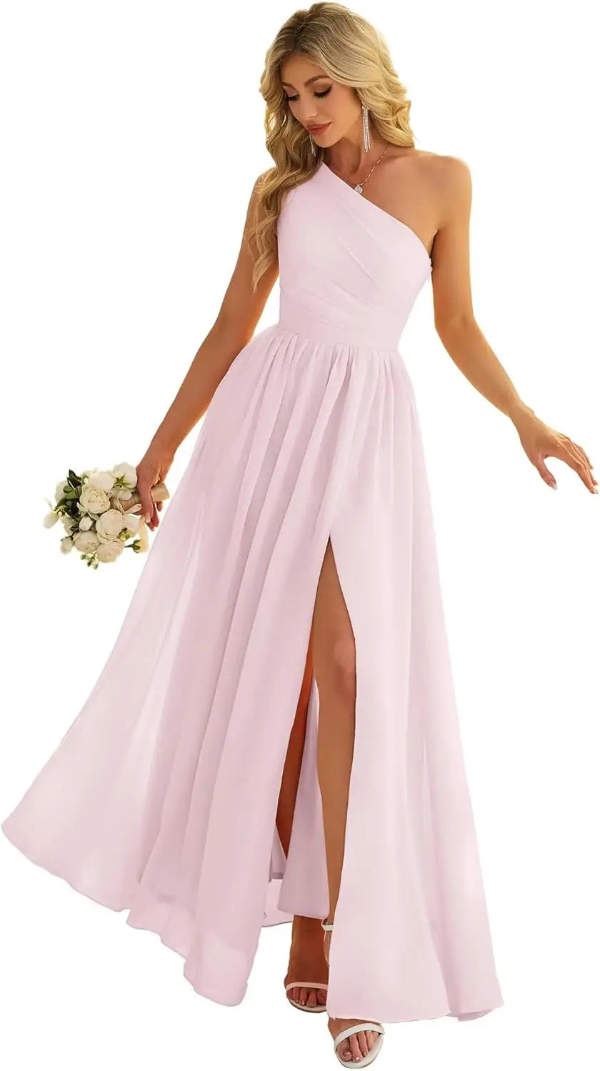 Women's One Shoulder Bridesmaid Dresses for Wedding Chiffon Side Split Reched Formal Evening Dress Sleeveless
