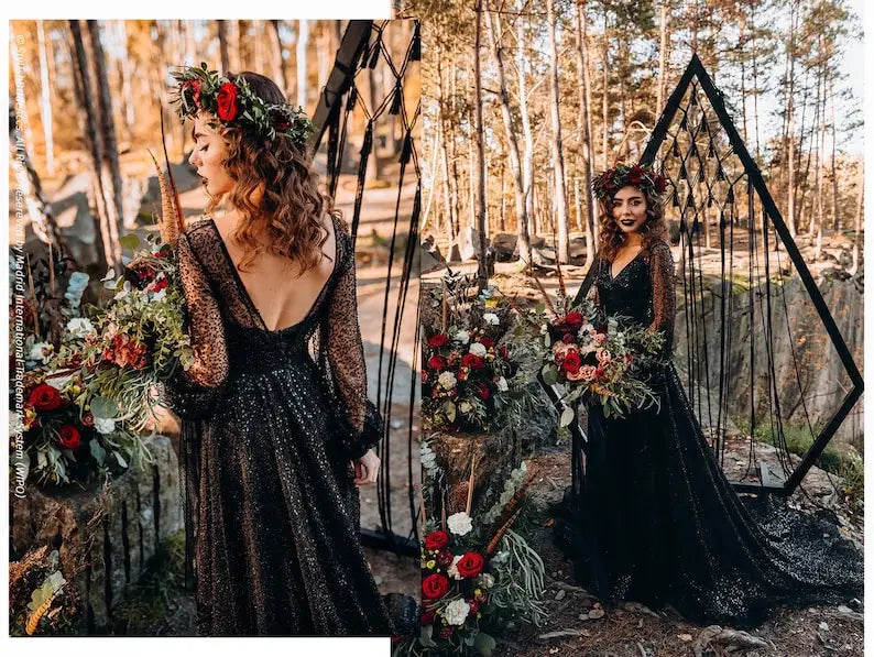 Sequin A-Line Black Wedding Dress for Bride- Black Sparkle Wedding Gown, Gothic Wedding Dress, Black Prom Dress | Mermaid