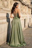 A Line Black Strapless Satin Prom Dresses With Slit