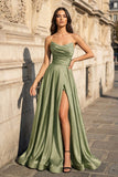 A Line Black Strapless Satin Prom Dresses With Slit
