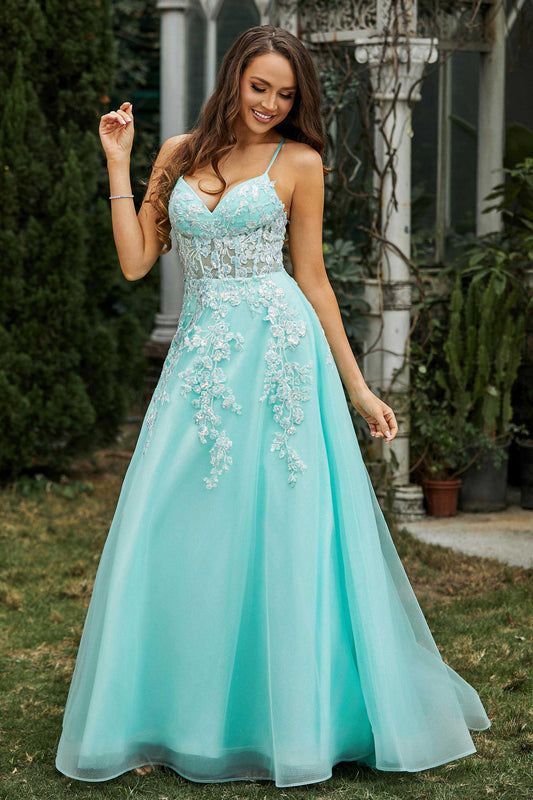Sweetheart Applique A-Line Tulle Sweep Train Prom Party Dress Formal Evening Dresses