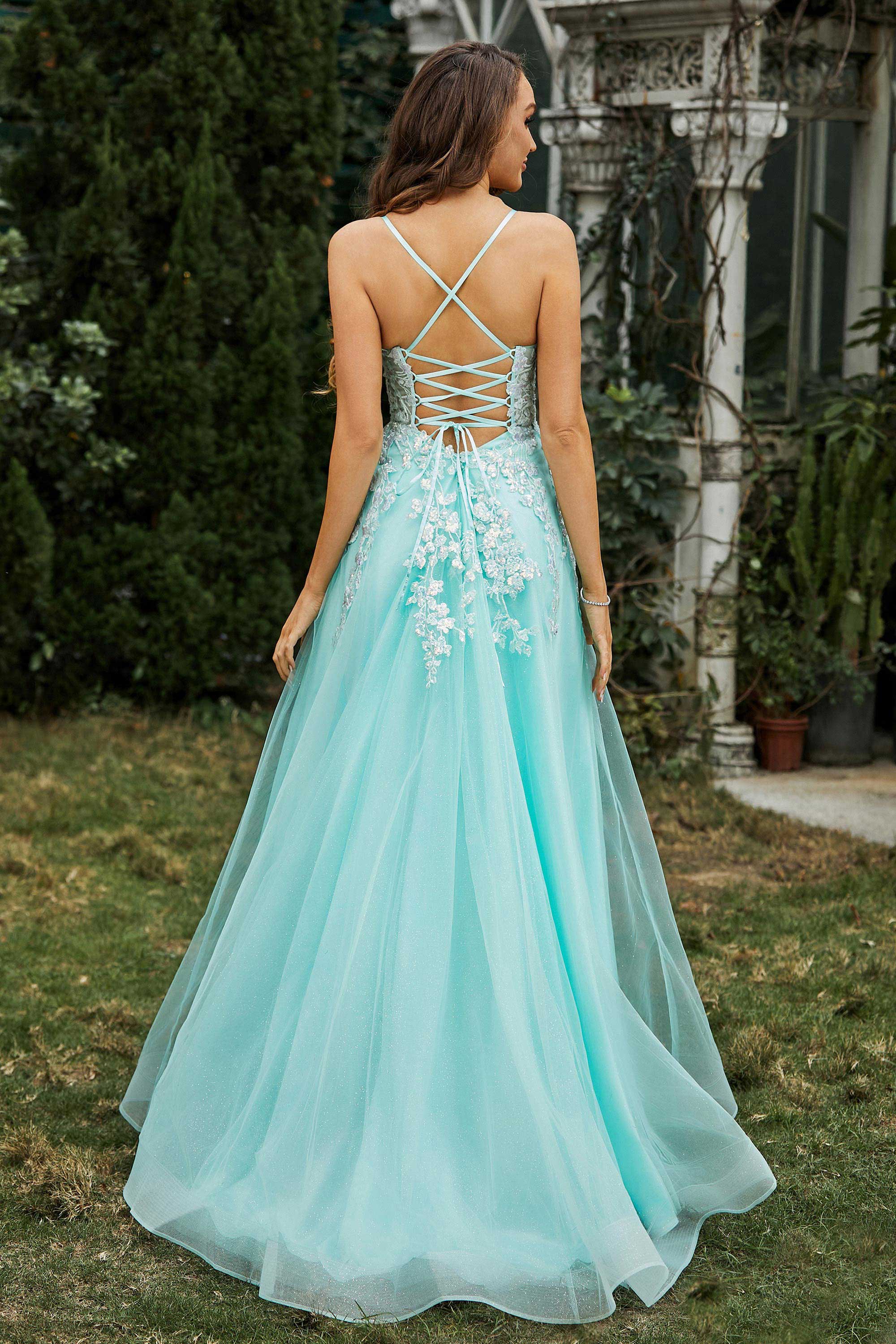 Sweetheart Applique A-Line Tulle Sweep Train Prom Party Dress Formal Evening Dresses
