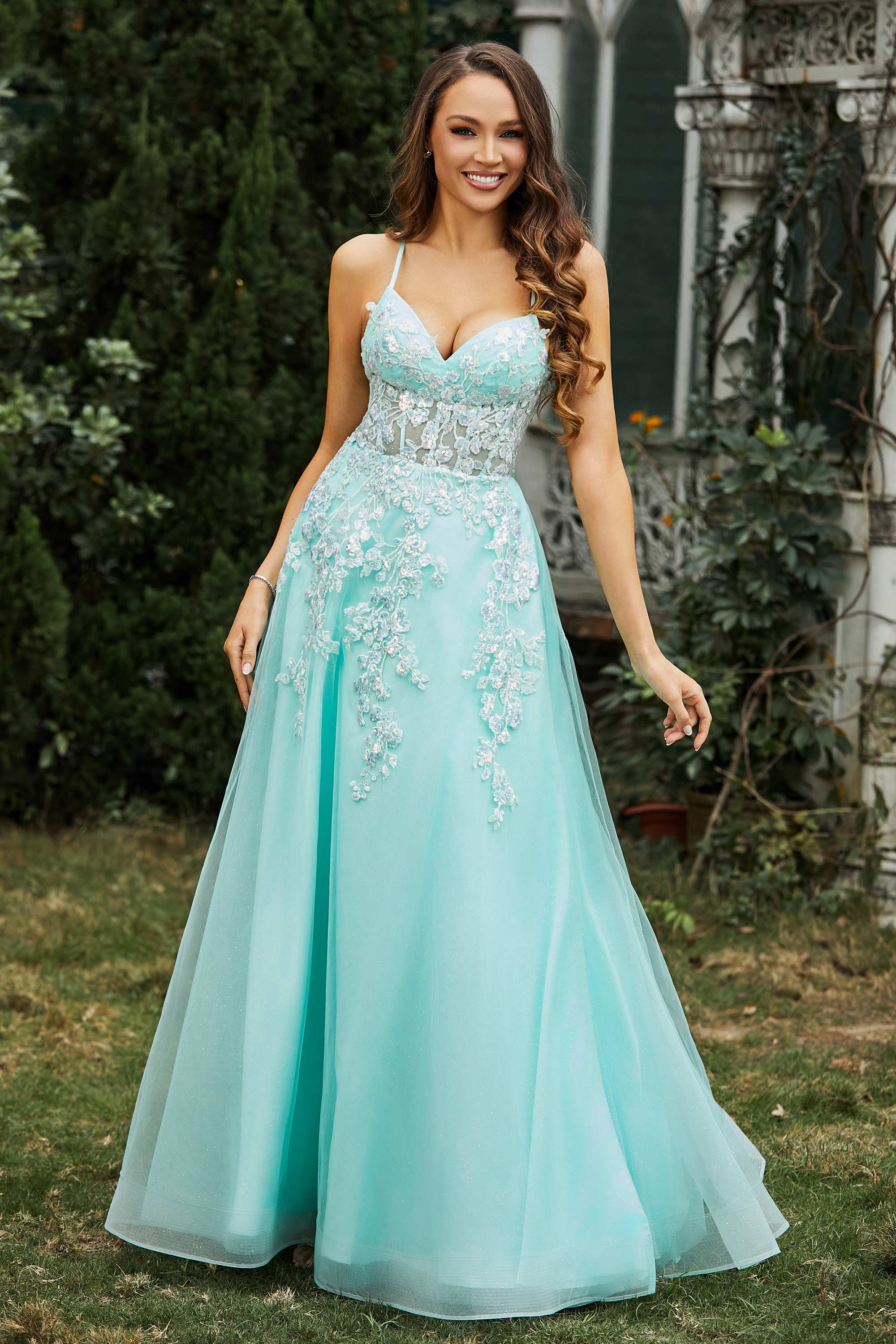 Sweetheart Applique A-Line Tulle Sweep Train Prom Party Dress Formal Evening Dresses