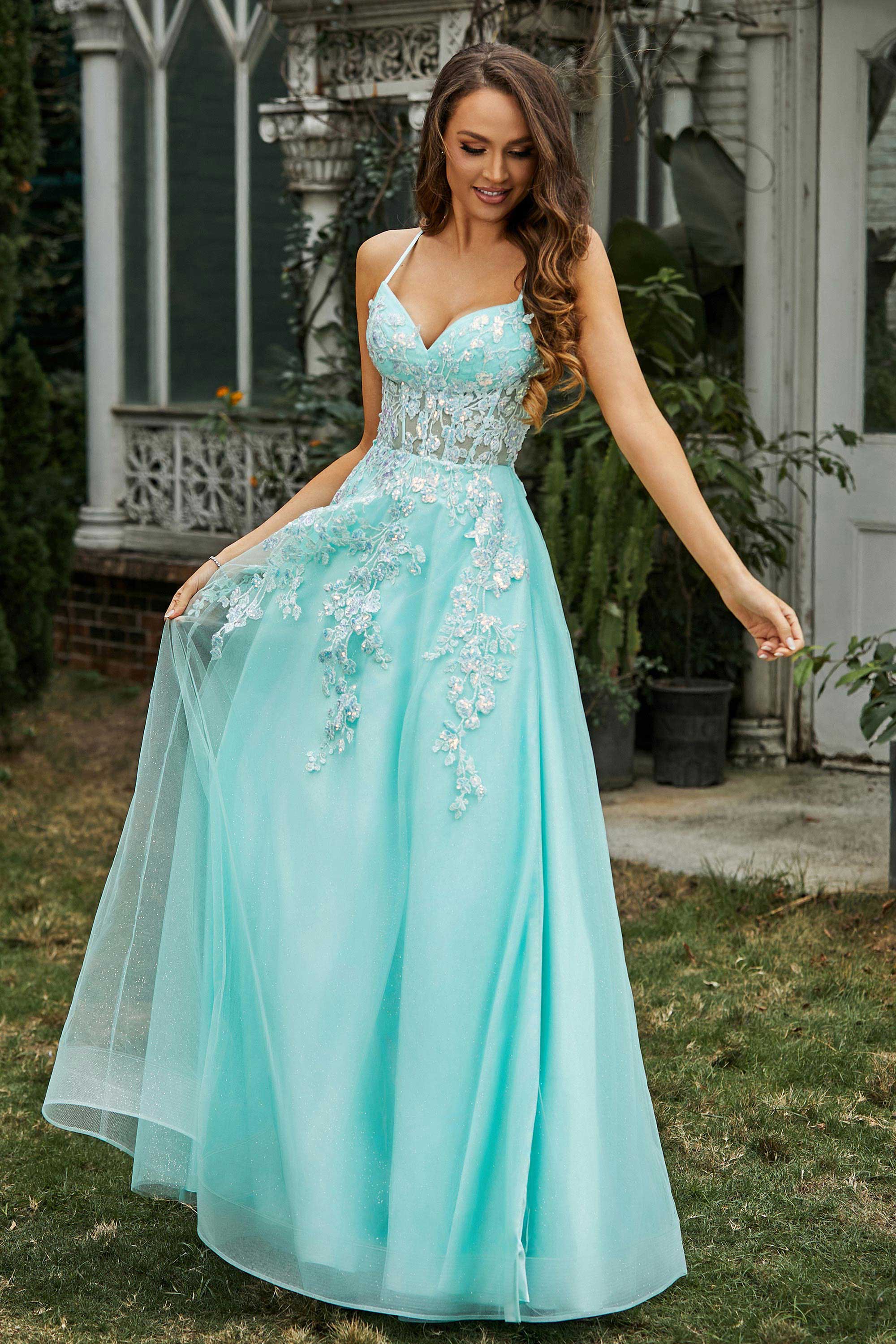 Sweetheart Applique A-Line Tulle Sweep Train Prom Party Dress Formal Evening Dresses
