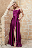 Cowl Neck Satin Floor Length Bridesmaid Dress with Pockets Long Formal Evening Dresses with Slit
