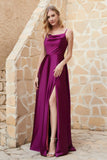 Cowl Neck Satin Floor Length Bridesmaid Dress with Pockets Long Formal Evening Dresses with Slit