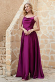 Cowl Neck Satin Floor Length Bridesmaid Dress with Pockets Long Formal Evening Dresses with Slit