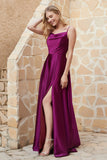 Cowl Neck Satin Floor Length Bridesmaid Dress with Pockets Long Formal Evening Dresses with Slit