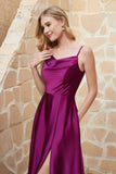 Cowl Neck Satin Floor Length Bridesmaid Dress with Pockets Long Formal Evening Dresses with Slit