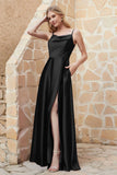 Cowl Neck Satin Floor Length Bridesmaid Dress with Pockets Long Formal Evening Dresses with Slit
