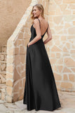Cowl Neck Satin Floor Length Bridesmaid Dress with Pockets Long Formal Evening Dresses with Slit