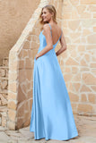 Cowl Neck Satin Floor Length Bridesmaid Dress with Pockets Long Formal Evening Dresses with Slit