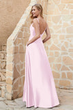 Cowl Neck Satin Floor Length Bridesmaid Dress with Pockets Long Formal Evening Dresses with Slit