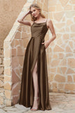 Cowl Neck Satin Floor Length Bridesmaid Dress with Pockets Long Formal Evening Dresses with Slit