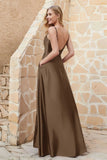 Cowl Neck Satin Floor Length Bridesmaid Dress with Pockets Long Formal Evening Dresses with Slit