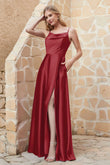Cowl Neck Satin Floor Length Bridesmaid Dress with Pockets Long Formal Evening Dresses with Slit