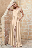 Cowl Neck Satin Floor Length Bridesmaid Dress with Pockets Long Formal Evening Dresses with Slit