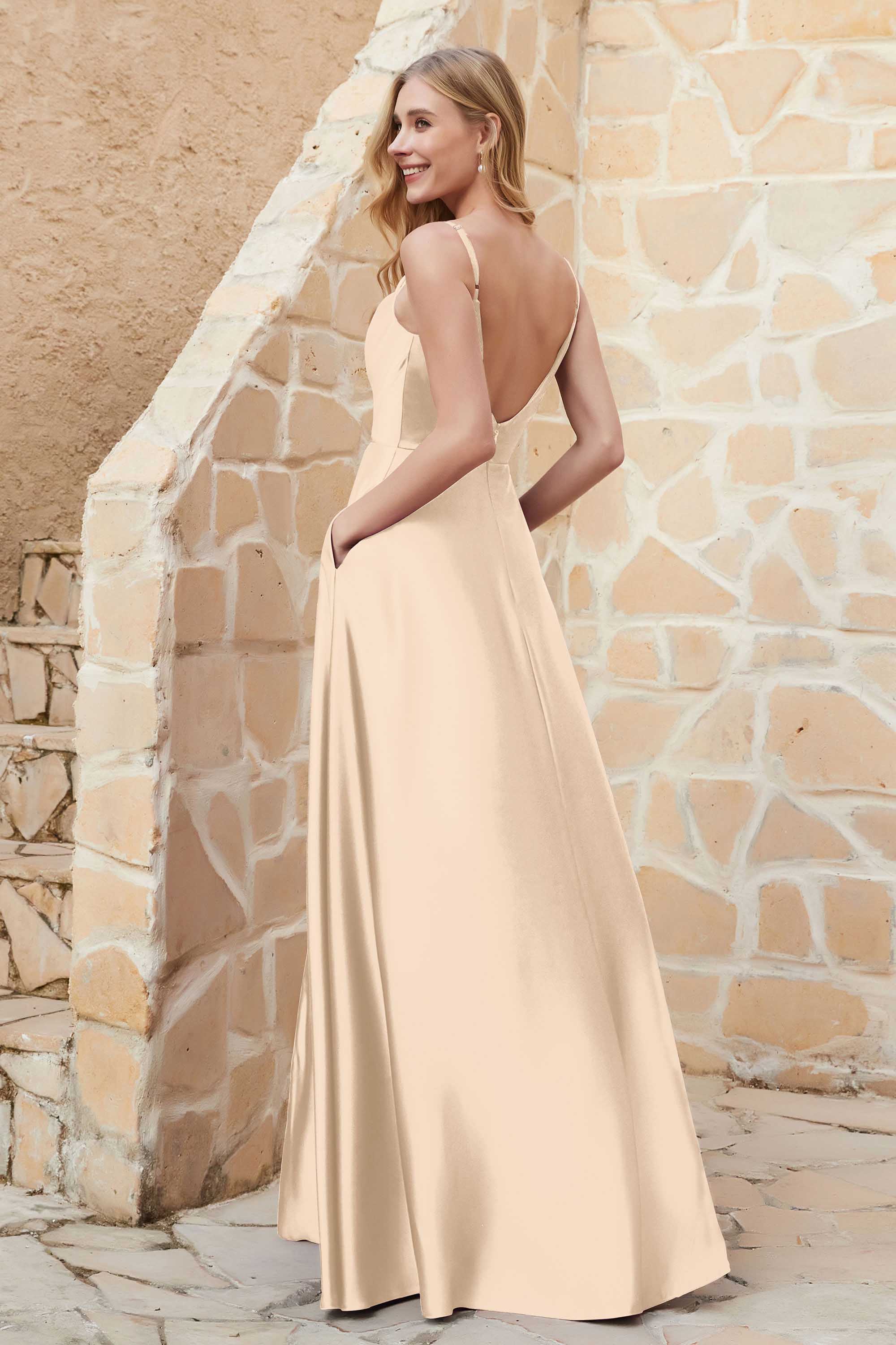 Cowl Neck Satin Floor Length Bridesmaid Dress with Pockets Long Formal Evening Dresses with Slit