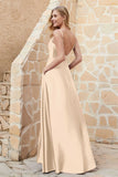 Cowl Neck Satin Floor Length Bridesmaid Dress with Pockets Long Formal Evening Dresses with Slit