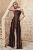 Cowl Neck Satin Floor Length Bridesmaid Dress with Pockets Long Formal Evening Dresses with Slit