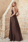 Cowl Neck Satin Floor Length Bridesmaid Dress with Pockets Long Formal Evening Dresses with Slit