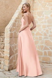 Cowl Neck Satin Floor Length Bridesmaid Dress with Pockets Long Formal Evening Dresses with Slit