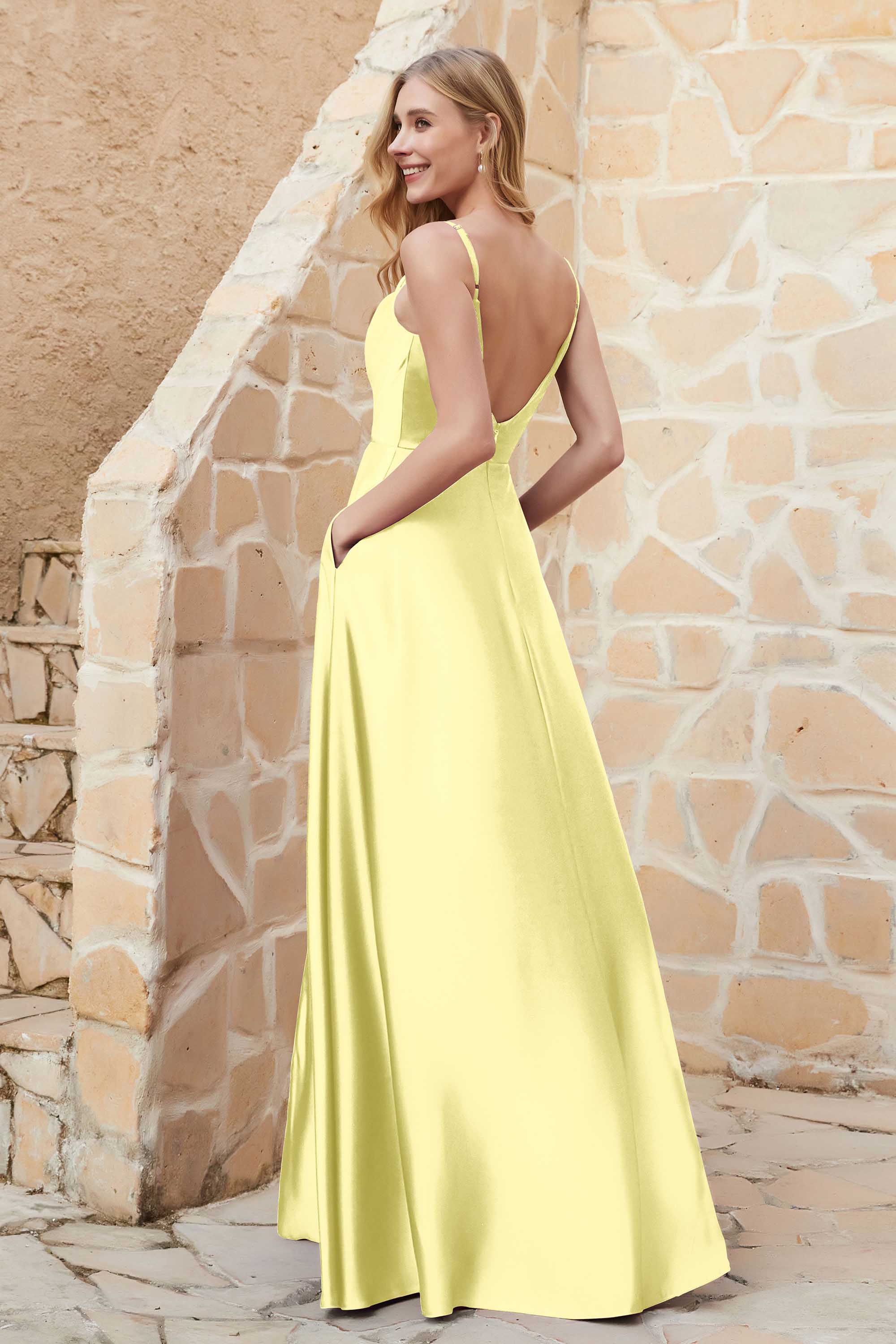 Cowl Neck Satin Floor Length Bridesmaid Dress with Pockets Long Formal Evening Dresses with Slit