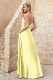 Cowl Neck Satin Floor Length Bridesmaid Dress with Pockets Long Formal Evening Dresses with Slit