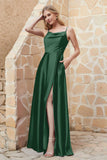 Cowl Neck Satin Floor Length Bridesmaid Dress with Pockets Long Formal Evening Dresses with Slit