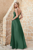 Cowl Neck Satin Floor Length Bridesmaid Dress with Pockets Long Formal Evening Dresses with Slit