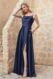 Cowl Neck Satin Floor Length Bridesmaid Dress with Pockets Long Formal Evening Dresses with Slit