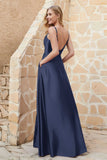 Cowl Neck Satin Floor Length Bridesmaid Dress with Pockets Long Formal Evening Dresses with Slit