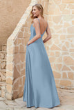 Cowl Neck Satin Floor Length Bridesmaid Dress with Pockets Long Formal Evening Dresses with Slit