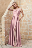 Cowl Neck Satin Floor Length Bridesmaid Dress with Pockets Long Formal Evening Dresses with Slit