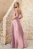 Cowl Neck Satin Floor Length Bridesmaid Dress with Pockets Long Formal Evening Dresses with Slit