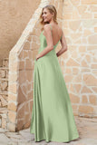 Cowl Neck Satin Floor Length Bridesmaid Dress with Pockets Long Formal Evening Dresses with Slit