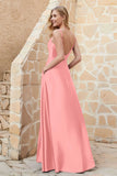 Cowl Neck Satin Floor Length Bridesmaid Dress with Pockets Long Formal Evening Dresses with Slit