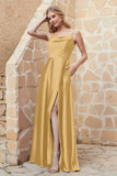 Cowl Neck Satin Floor Length Bridesmaid Dress with Pockets Long Formal Evening Dresses with Slit