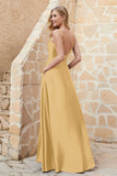 Cowl Neck Satin Floor Length Bridesmaid Dress with Pockets Long Formal Evening Dresses with Slit